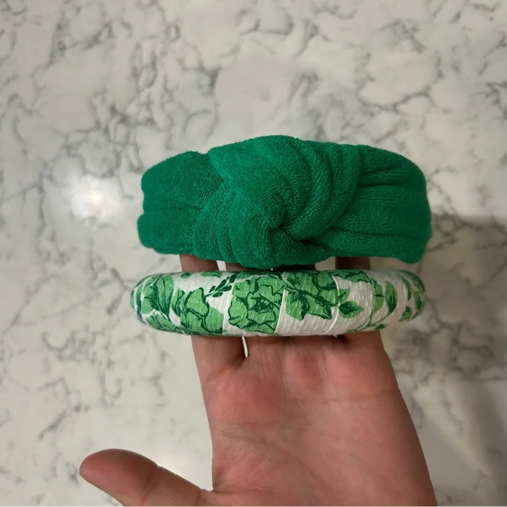 Lot of 2 Green Headbands‎ Terry Cloth & Floral Print